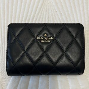kate spade Quilted Black Leather Compact Wallet with Gold Logo